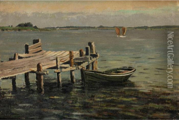 Blick Auf Den See Mit Einem Kahn Am Steg Oil Painting - Eugene Gustav Ducker
