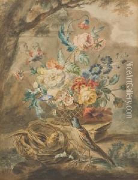 Stilleben Mit Vogelnest Und Blumenbouquet In Bastkorb Oil Painting - Willem van Leen