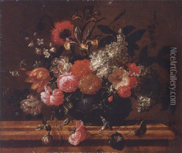 Roses, Tulips, Irises, Lilacs, A Poppy And Other Flowers In A Sculpted Vase On A Stone Ledge Oil Painting - Pieter Casteels III