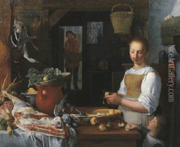 A Kitchen Interior With A Maid And A Child Peeling Apples Oil Painting - Jeremias van Winghe