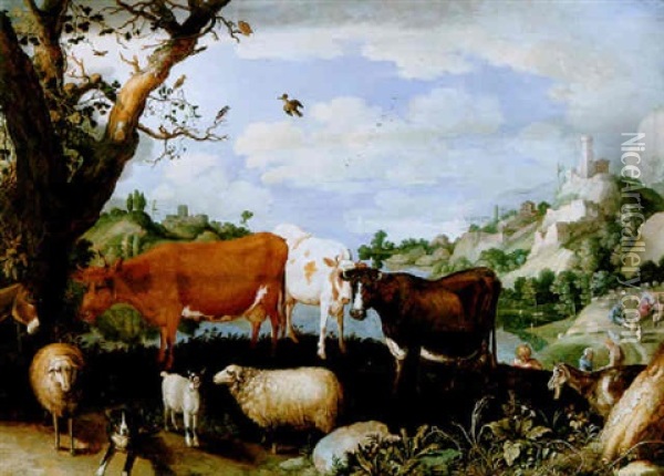 Weite Kustenlandschaft Mit Hirtenstaffage Und Vieh Oil Painting - Willem van Nieulandt the Younger