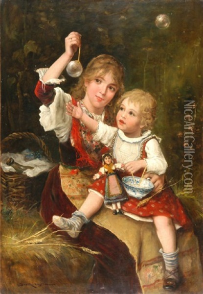 Zwei Schwestern Beim Spiel Mit Seifenblasen Oil Painting - Lajos Bruck
