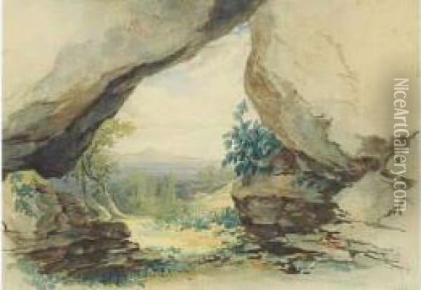Le Golfe D'ajaccio Vu De La Grotte Aquarelle Signee En Bas A Droite, Datee 1841. Oil Painting - William Cowen