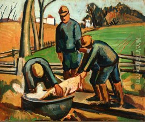 Farmers Cleaning A Pig Oil Painting - Edgar Hewitt Nye