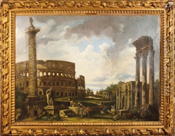 Caprice D'architecture Avec Le Colisee, La Colonne Trajane Et L'arc De Constantin Oil Painting - Giovanni Paolo Panini