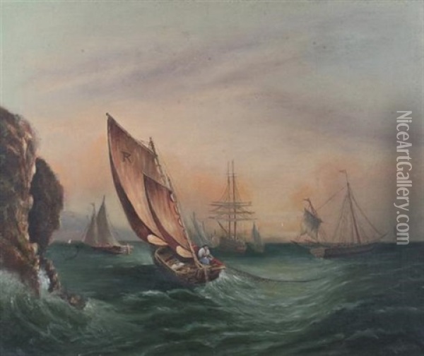 Ships At Sea Near Cliff Oil Painting - Mary K. Kellogg
