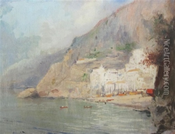 On The Italian Coast And One Other Sketch Of A Coastal Scene (2 Works) Oil Painting - Oscar Ricciardi