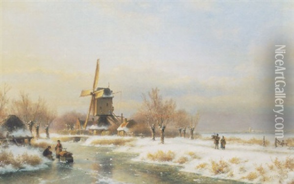 A Mill In A Winter Landscape Oil Painting - Lodewijk Johannes Kleijn