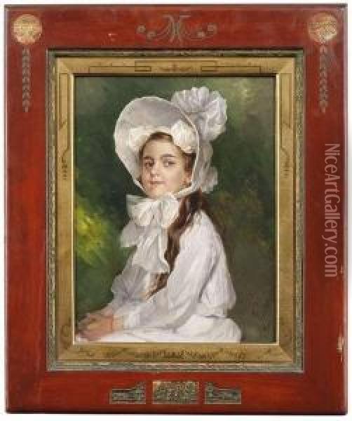 Portrait Of A Young Girl Wearing A White Dress And A White Bonnet. Oil Painting - Adolf Raufer