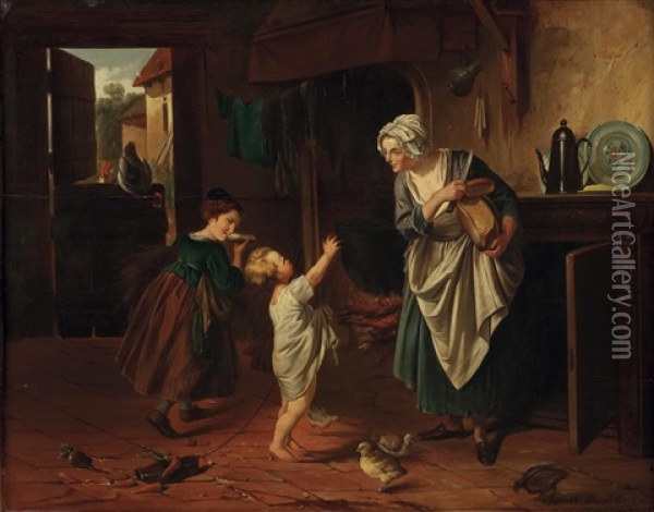 Mutter Gibt Kindern Brot Zu Essen - Stubeninterieur Oil Painting - Alexandre Markelbach