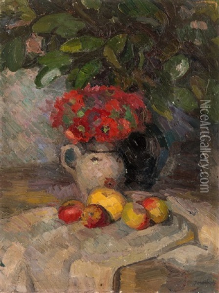 Still Life With Red Flowers Oil Painting - David Osipovich Widhopff