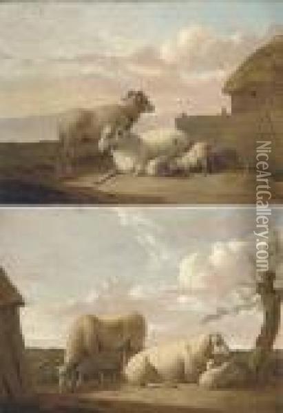 A Family Of Sheep By A Sheepfold; And A Family Of Sheep By Atree Oil Painting - Hendrick Willelm Schweickhardt