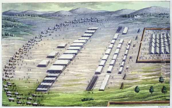 Roman camp in Celtic Germania, as described by Tacitus, from Le Costume Ancien et Moderne by Jules Ferrario, published c.1820s-30s Oil Painting - Vittorio Raineri