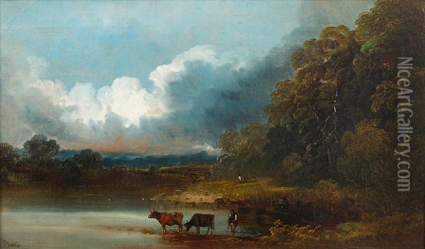 River Landscape With Cattle Watering Oil Painting - John Joseph Barker Of Bath