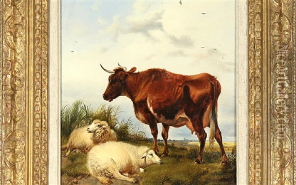 Sheep And Cow In Pasture Oil Painting - Thomas Sidney Copper