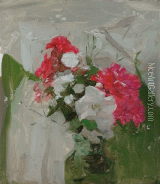 Red And White Flowers In A Green Glass Vase Oil Painting - Frank Bramley