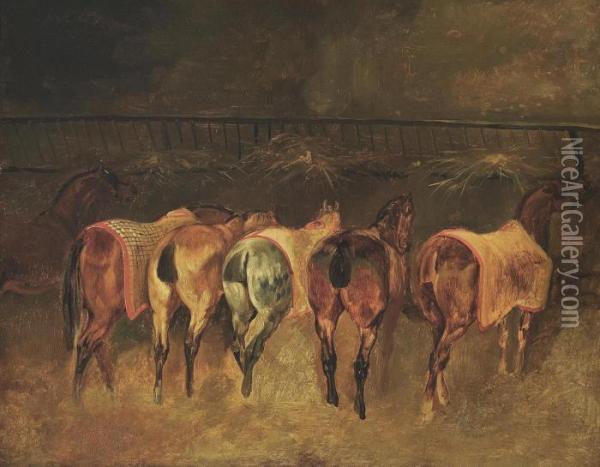 Horses In A Stable Oil Painting - Theodore Gericault