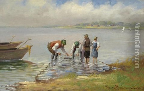 A Fisherman With His Net Oil Painting - Carl Mueller-Baumgarten