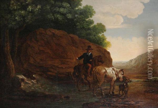 Bergachtig Landschap Met Ruiter, Paard En Hond. Doek. Getekend ````j.villers````. Oil Painting - Jacob De Villeers