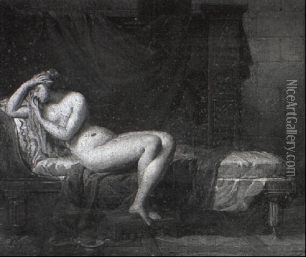 Female Nude Reclining On A Recamiere Oil Painting - Martin Droelling