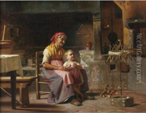 Helping Grandmother Oil Painting - Luigi Scaffai