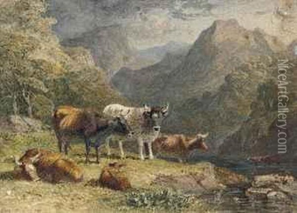 Cattle In A Highland Landscape Oil Painting - Robert Hills