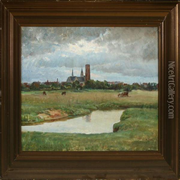 Meadow Landscape With Grazing Cows By Ribe Dommirke Oil Painting - Niels Pedersen Mols
