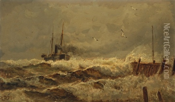 Seascape With Steam Boat In Rough Seas Oil Painting - Holger Henrik Herholdt Drachmann
