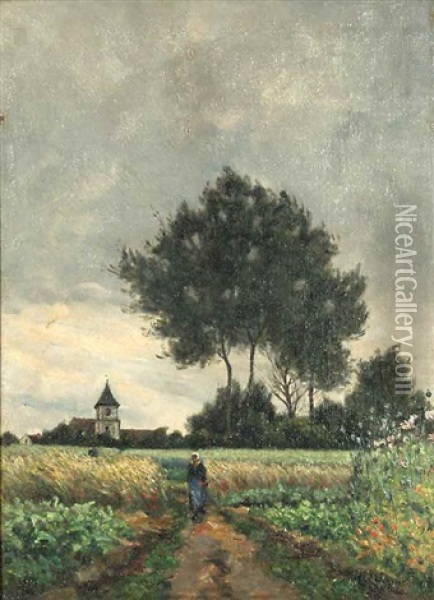 Franzosische Landschaft Bei Gewitterstimmung Mit Bauerin Auf Einem Feldweg Oil Painting - Henri Linguet