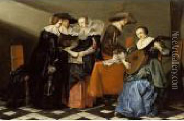 An Interior With A Lady Playing A Lute And Elegant Figures Singing Around A Table Oil Painting - Pieter Codde