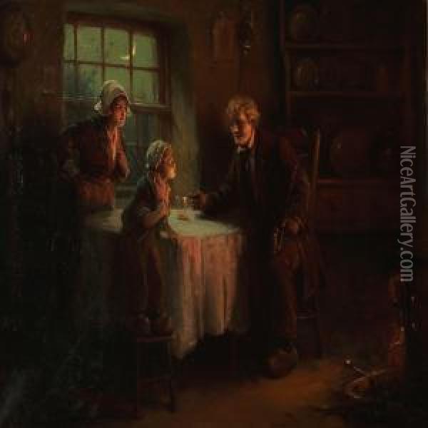 Dutch Interior With A Family Near The Fireplace Oil Painting - Alexander Rosell