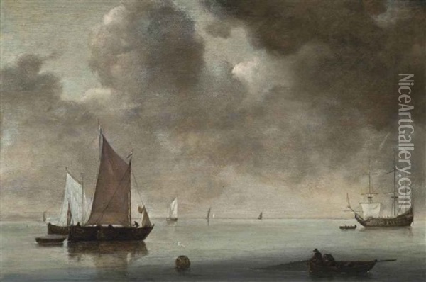 A Calm With A Dutch East Indiaman And Other Shipping In The Roadstead Oil Painting - Jan Van De Cappelle