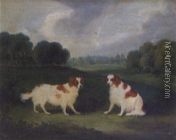 Cavalier King Charles Spaniels Seated In A Landscape Oil Painting - Charles Hancock