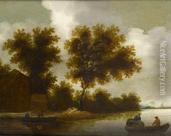 A Farmhouse In A Wood, Before A River Landscape, With Rowing Boats In The Foreground Oil Painting - Jan van Goyen