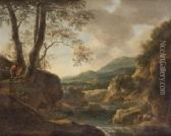 An Italianate Landscape At Dusk With Shepherds Resting On A Riverbank Above A Waterfall Oil Painting - Willem de Heusch