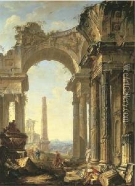 A Capriccio Of A Ruined Ionic Temple And An Obelisk With Figures Oil Painting - Giovanni Niccolo Servandoni
