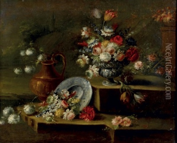 Fleurs Coupees Et En Pot Sur Un Entablement Oil Painting - Gasparo Lopez