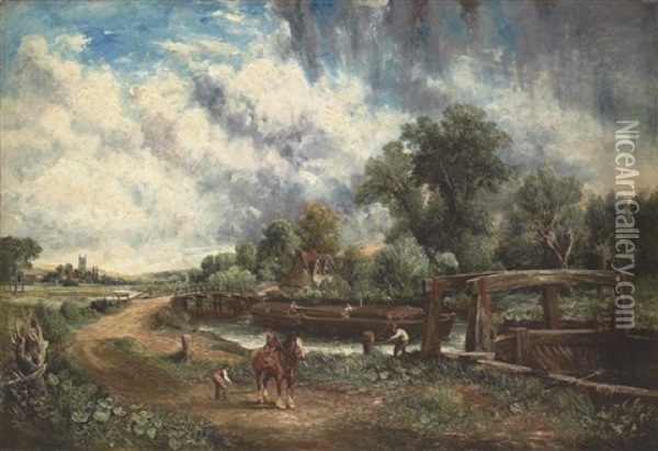 View On The Stour Near Dedham With Flatford Lock And Old Bridge Oil Painting - John Constable