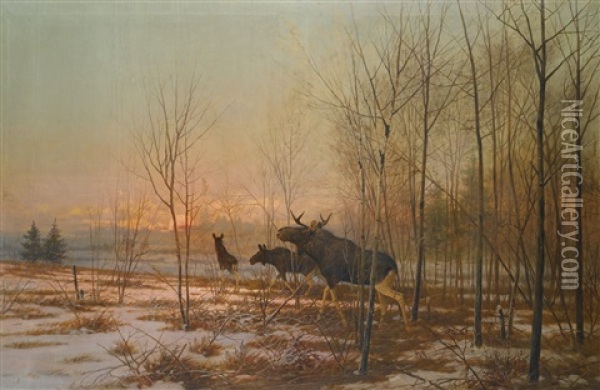 Elk In A Forest Oil Painting - Efim A. Tikhmenev