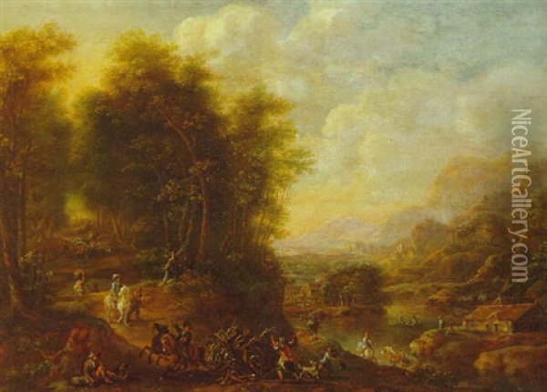 A Wooded River Landscape With Woodmen And Travellers On A Track, Cottages Beyond Oil Painting - Pieter Bout