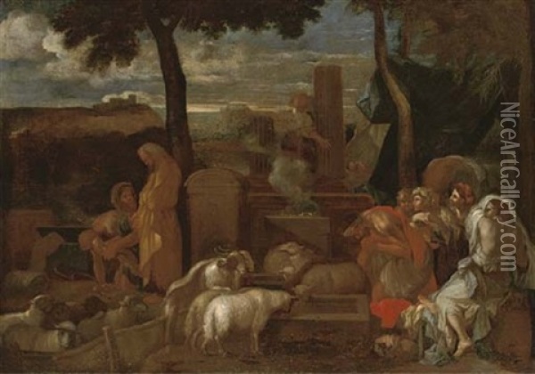An Arcadian Landscape With Shepherds And Their Flocks At A Sacrificial Altar Oil Painting - Nicolas Poussin