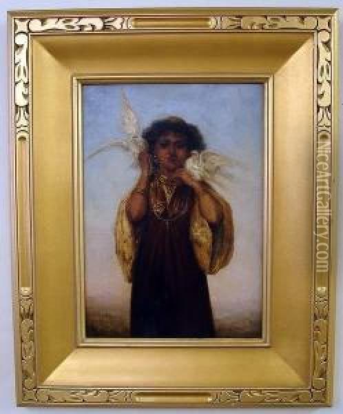 Young Woman Holding Two Doves Oil Painting - John Callcott Horsley