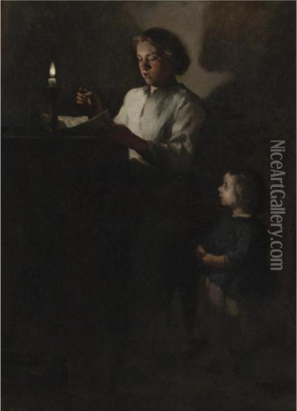 Reading By Candlelight Oil Painting - Theodule Augustine Ribot