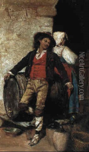 Flirtation In The Cellar Oil Painting - Adriano Cecchi