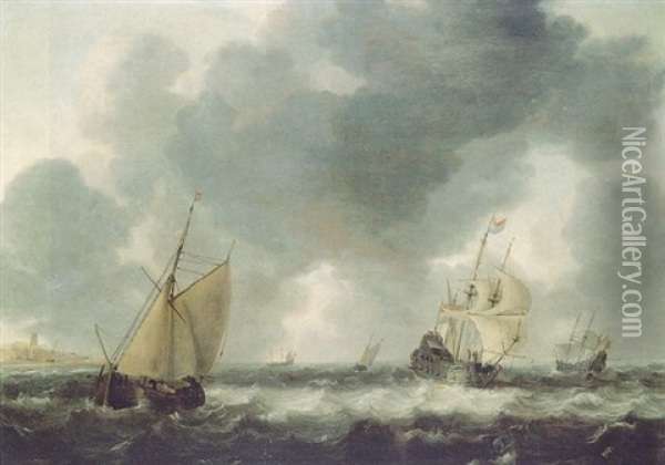 Dutch Men O'war And Pinks In Choppy Waters Off A Coastline Oil Painting - Pieter Van Der Croos