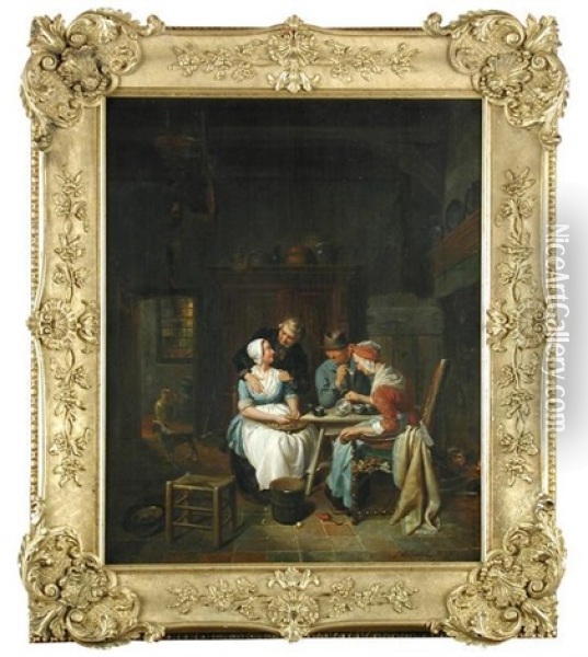 An Amorous Innkeeper Embracing A Maid, Whilst Another Couple Takes Tea Oil Painting - Jacob Akkersdijk