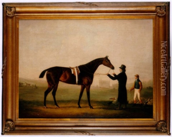 A Bay Racehorse Held By A Trainer, With A Jockey By His Side, The Chapel Of King's College, Cambridge, Beyond Oil Painting - Daniel Clowes