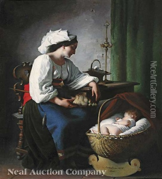 Mother Watching Over Her Sleeping Infant Oil Painting - Giuseppe Mazzolini