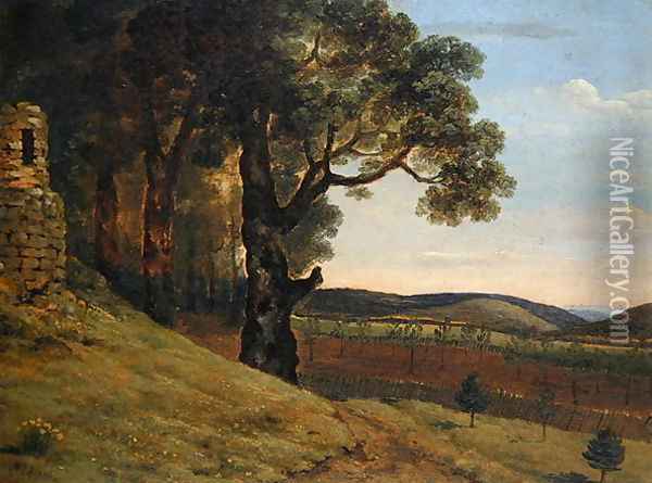 Welsh landscape with oak trees by a ruin Oil Painting - Thomas Jones