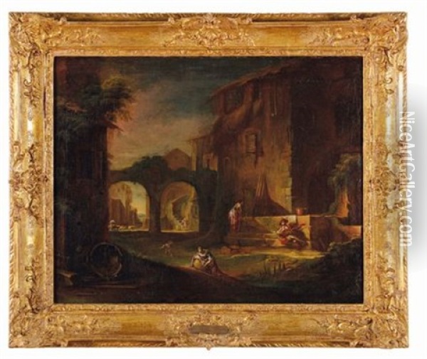 Figure Di Contadini Villani In Cortili Di Case Rustiche Oil Painting - Antonio Diziani